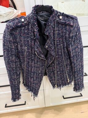 Zara Navy Tweed Fringe Zip-Front Jacket with Pink Accents